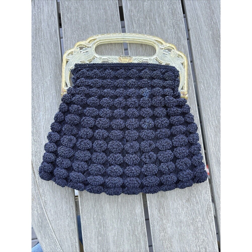 Vintage 1950's Black Crochet Evening Bag Peacock Acrylic Handle with UV Glow
